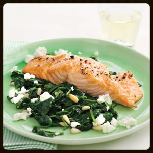 Broiled Salmon with Spinach-and-Feta Sauté